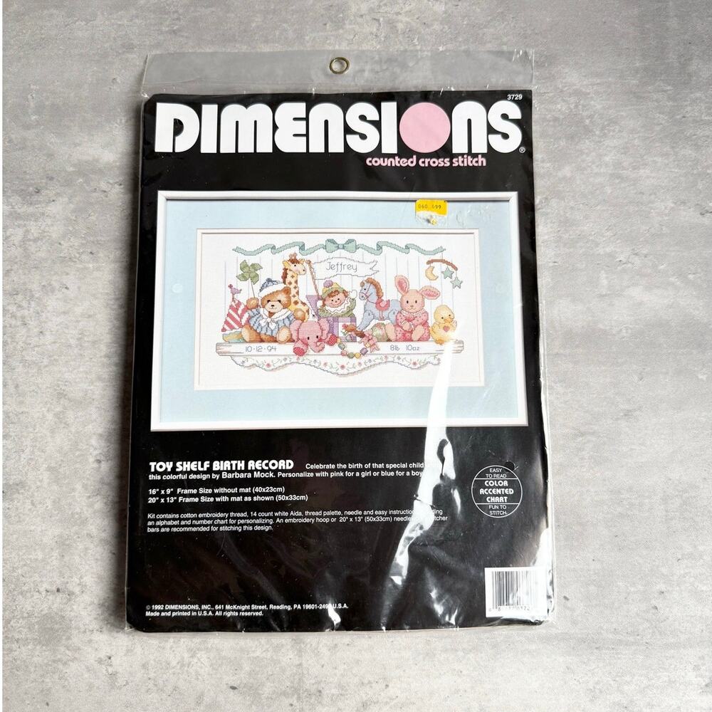 New Sealed Dimensions Counted Cross Stitch Kit 1992 Toy Shelf Birth Record 3729